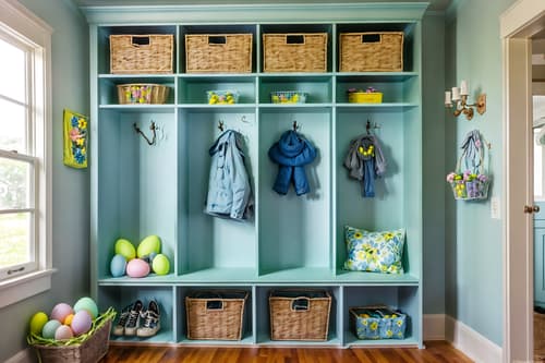 photo from pinterest of easter-style interior designed (mudroom interior) with a bench and cubbies and storage drawers and wall hooks for coats and cabinets and shelves for shoes and storage baskets and high up storage. . with spring decorations and light blue colors and colorful easter eggs and flowers on table and easter decorations and spring decorations. . cinematic photo, highly detailed, cinematic lighting, ultra-detailed, ultrarealistic, photorealism, 8k. trending on pinterest. easter interior design style. masterpiece, cinematic light, ultrarealistic+, photorealistic+, 8k, raw photo, realistic, sharp focus on eyes, (symmetrical eyes), (intact eyes), hyperrealistic, highest quality, best quality, , highly detailed, masterpiece, best quality, extremely detailed 8k wallpaper, masterpiece, best quality, ultra-detailed, best shadow, detailed background, detailed face, detailed eyes, high contrast, best illumination, detailed face, dulux, caustic, dynamic angle, detailed glow. dramatic lighting. highly detailed, insanely detailed hair, symmetrical, intricate details, professionally retouched, 8k high definition. strong bokeh. award winning photo.