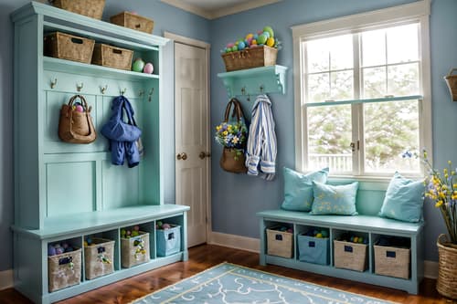 photo from pinterest of easter-style interior designed (mudroom interior) with a bench and cubbies and storage drawers and wall hooks for coats and cabinets and shelves for shoes and storage baskets and high up storage. . with spring decorations and light blue colors and colorful easter eggs and flowers on table and easter decorations and spring decorations. . cinematic photo, highly detailed, cinematic lighting, ultra-detailed, ultrarealistic, photorealism, 8k. trending on pinterest. easter interior design style. masterpiece, cinematic light, ultrarealistic+, photorealistic+, 8k, raw photo, realistic, sharp focus on eyes, (symmetrical eyes), (intact eyes), hyperrealistic, highest quality, best quality, , highly detailed, masterpiece, best quality, extremely detailed 8k wallpaper, masterpiece, best quality, ultra-detailed, best shadow, detailed background, detailed face, detailed eyes, high contrast, best illumination, detailed face, dulux, caustic, dynamic angle, detailed glow. dramatic lighting. highly detailed, insanely detailed hair, symmetrical, intricate details, professionally retouched, 8k high definition. strong bokeh. award winning photo.