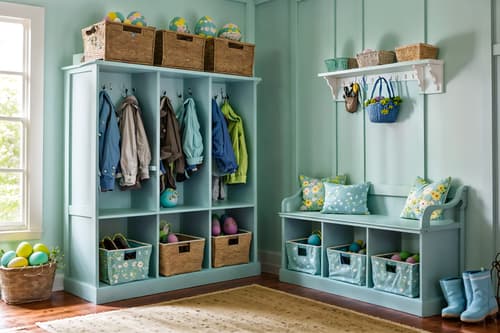photo from pinterest of easter-style interior designed (mudroom interior) with a bench and cubbies and storage drawers and wall hooks for coats and cabinets and shelves for shoes and storage baskets and high up storage. . with spring decorations and light blue colors and colorful easter eggs and flowers on table and easter decorations and spring decorations. . cinematic photo, highly detailed, cinematic lighting, ultra-detailed, ultrarealistic, photorealism, 8k. trending on pinterest. easter interior design style. masterpiece, cinematic light, ultrarealistic+, photorealistic+, 8k, raw photo, realistic, sharp focus on eyes, (symmetrical eyes), (intact eyes), hyperrealistic, highest quality, best quality, , highly detailed, masterpiece, best quality, extremely detailed 8k wallpaper, masterpiece, best quality, ultra-detailed, best shadow, detailed background, detailed face, detailed eyes, high contrast, best illumination, detailed face, dulux, caustic, dynamic angle, detailed glow. dramatic lighting. highly detailed, insanely detailed hair, symmetrical, intricate details, professionally retouched, 8k high definition. strong bokeh. award winning photo.