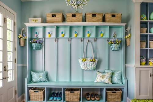 photo from pinterest of easter-style interior designed (mudroom interior) with a bench and cubbies and storage drawers and wall hooks for coats and cabinets and shelves for shoes and storage baskets and high up storage. . with spring decorations and light blue colors and colorful easter eggs and flowers on table and easter decorations and spring decorations. . cinematic photo, highly detailed, cinematic lighting, ultra-detailed, ultrarealistic, photorealism, 8k. trending on pinterest. easter interior design style. masterpiece, cinematic light, ultrarealistic+, photorealistic+, 8k, raw photo, realistic, sharp focus on eyes, (symmetrical eyes), (intact eyes), hyperrealistic, highest quality, best quality, , highly detailed, masterpiece, best quality, extremely detailed 8k wallpaper, masterpiece, best quality, ultra-detailed, best shadow, detailed background, detailed face, detailed eyes, high contrast, best illumination, detailed face, dulux, caustic, dynamic angle, detailed glow. dramatic lighting. highly detailed, insanely detailed hair, symmetrical, intricate details, professionally retouched, 8k high definition. strong bokeh. award winning photo.