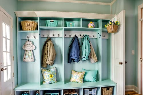 photo from pinterest of easter-style interior designed (mudroom interior) with a bench and cubbies and storage drawers and wall hooks for coats and cabinets and shelves for shoes and storage baskets and high up storage. . with spring decorations and light blue colors and colorful easter eggs and flowers on table and easter decorations and spring decorations. . cinematic photo, highly detailed, cinematic lighting, ultra-detailed, ultrarealistic, photorealism, 8k. trending on pinterest. easter interior design style. masterpiece, cinematic light, ultrarealistic+, photorealistic+, 8k, raw photo, realistic, sharp focus on eyes, (symmetrical eyes), (intact eyes), hyperrealistic, highest quality, best quality, , highly detailed, masterpiece, best quality, extremely detailed 8k wallpaper, masterpiece, best quality, ultra-detailed, best shadow, detailed background, detailed face, detailed eyes, high contrast, best illumination, detailed face, dulux, caustic, dynamic angle, detailed glow. dramatic lighting. highly detailed, insanely detailed hair, symmetrical, intricate details, professionally retouched, 8k high definition. strong bokeh. award winning photo.