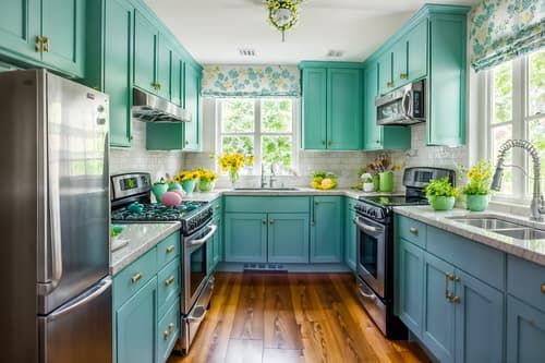 photo from pinterest of easter-style interior designed (kitchen interior) with sink and refrigerator and stove and worktops and plant and kitchen cabinets and sink. . with spring decorations and light blue colors and colorful easter eggs and flowers on table and easter decorations and spring decorations. . cinematic photo, highly detailed, cinematic lighting, ultra-detailed, ultrarealistic, photorealism, 8k. trending on pinterest. easter interior design style. masterpiece, cinematic light, ultrarealistic+, photorealistic+, 8k, raw photo, realistic, sharp focus on eyes, (symmetrical eyes), (intact eyes), hyperrealistic, highest quality, best quality, , highly detailed, masterpiece, best quality, extremely detailed 8k wallpaper, masterpiece, best quality, ultra-detailed, best shadow, detailed background, detailed face, detailed eyes, high contrast, best illumination, detailed face, dulux, caustic, dynamic angle, detailed glow. dramatic lighting. highly detailed, insanely detailed hair, symmetrical, intricate details, professionally retouched, 8k high definition. strong bokeh. award winning photo.