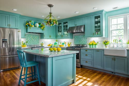 photo from pinterest of easter-style interior designed (kitchen interior) with sink and refrigerator and stove and worktops and plant and kitchen cabinets and sink. . with spring decorations and light blue colors and colorful easter eggs and flowers on table and easter decorations and spring decorations. . cinematic photo, highly detailed, cinematic lighting, ultra-detailed, ultrarealistic, photorealism, 8k. trending on pinterest. easter interior design style. masterpiece, cinematic light, ultrarealistic+, photorealistic+, 8k, raw photo, realistic, sharp focus on eyes, (symmetrical eyes), (intact eyes), hyperrealistic, highest quality, best quality, , highly detailed, masterpiece, best quality, extremely detailed 8k wallpaper, masterpiece, best quality, ultra-detailed, best shadow, detailed background, detailed face, detailed eyes, high contrast, best illumination, detailed face, dulux, caustic, dynamic angle, detailed glow. dramatic lighting. highly detailed, insanely detailed hair, symmetrical, intricate details, professionally retouched, 8k high definition. strong bokeh. award winning photo.