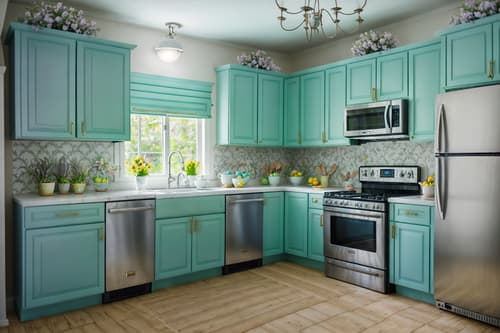 photo from pinterest of easter-style interior designed (kitchen interior) with sink and refrigerator and stove and worktops and plant and kitchen cabinets and sink. . with spring decorations and light blue colors and colorful easter eggs and flowers on table and easter decorations and spring decorations. . cinematic photo, highly detailed, cinematic lighting, ultra-detailed, ultrarealistic, photorealism, 8k. trending on pinterest. easter interior design style. masterpiece, cinematic light, ultrarealistic+, photorealistic+, 8k, raw photo, realistic, sharp focus on eyes, (symmetrical eyes), (intact eyes), hyperrealistic, highest quality, best quality, , highly detailed, masterpiece, best quality, extremely detailed 8k wallpaper, masterpiece, best quality, ultra-detailed, best shadow, detailed background, detailed face, detailed eyes, high contrast, best illumination, detailed face, dulux, caustic, dynamic angle, detailed glow. dramatic lighting. highly detailed, insanely detailed hair, symmetrical, intricate details, professionally retouched, 8k high definition. strong bokeh. award winning photo.