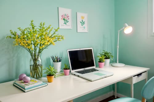 photo from pinterest of easter-style interior designed (home office interior) with plant and cabinets and computer desk and desk lamp and office chair and plant. . with flowers on table and easter decorations and spring decorations and colorful easter eggs and light blue colors and flowers on table. . cinematic photo, highly detailed, cinematic lighting, ultra-detailed, ultrarealistic, photorealism, 8k. trending on pinterest. easter interior design style. masterpiece, cinematic light, ultrarealistic+, photorealistic+, 8k, raw photo, realistic, sharp focus on eyes, (symmetrical eyes), (intact eyes), hyperrealistic, highest quality, best quality, , highly detailed, masterpiece, best quality, extremely detailed 8k wallpaper, masterpiece, best quality, ultra-detailed, best shadow, detailed background, detailed face, detailed eyes, high contrast, best illumination, detailed face, dulux, caustic, dynamic angle, detailed glow. dramatic lighting. highly detailed, insanely detailed hair, symmetrical, intricate details, professionally retouched, 8k high definition. strong bokeh. award winning photo.
