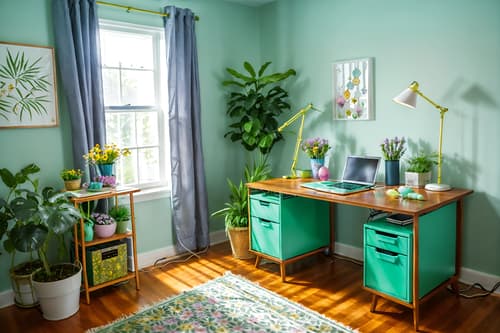 photo from pinterest of easter-style interior designed (home office interior) with plant and cabinets and computer desk and desk lamp and office chair and plant. . with flowers on table and easter decorations and spring decorations and colorful easter eggs and light blue colors and flowers on table. . cinematic photo, highly detailed, cinematic lighting, ultra-detailed, ultrarealistic, photorealism, 8k. trending on pinterest. easter interior design style. masterpiece, cinematic light, ultrarealistic+, photorealistic+, 8k, raw photo, realistic, sharp focus on eyes, (symmetrical eyes), (intact eyes), hyperrealistic, highest quality, best quality, , highly detailed, masterpiece, best quality, extremely detailed 8k wallpaper, masterpiece, best quality, ultra-detailed, best shadow, detailed background, detailed face, detailed eyes, high contrast, best illumination, detailed face, dulux, caustic, dynamic angle, detailed glow. dramatic lighting. highly detailed, insanely detailed hair, symmetrical, intricate details, professionally retouched, 8k high definition. strong bokeh. award winning photo.