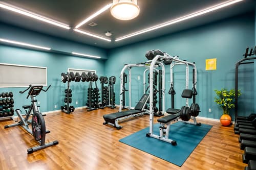 photo from pinterest of easter-style interior designed (fitness gym interior) with dumbbell stand and crosstrainer and squat rack and exercise bicycle and bench press and dumbbell stand. . with spring decorations and light blue colors and easter decorations and flowers on table and colorful easter eggs and spring decorations. . cinematic photo, highly detailed, cinematic lighting, ultra-detailed, ultrarealistic, photorealism, 8k. trending on pinterest. easter interior design style. masterpiece, cinematic light, ultrarealistic+, photorealistic+, 8k, raw photo, realistic, sharp focus on eyes, (symmetrical eyes), (intact eyes), hyperrealistic, highest quality, best quality, , highly detailed, masterpiece, best quality, extremely detailed 8k wallpaper, masterpiece, best quality, ultra-detailed, best shadow, detailed background, detailed face, detailed eyes, high contrast, best illumination, detailed face, dulux, caustic, dynamic angle, detailed glow. dramatic lighting. highly detailed, insanely detailed hair, symmetrical, intricate details, professionally retouched, 8k high definition. strong bokeh. award winning photo.