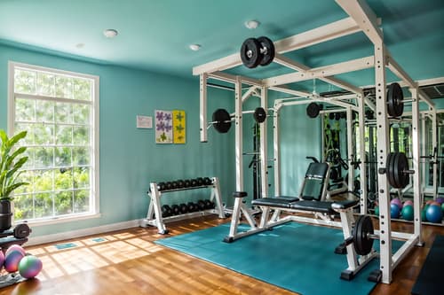 photo from pinterest of easter-style interior designed (fitness gym interior) with dumbbell stand and crosstrainer and squat rack and exercise bicycle and bench press and dumbbell stand. . with spring decorations and light blue colors and easter decorations and flowers on table and colorful easter eggs and spring decorations. . cinematic photo, highly detailed, cinematic lighting, ultra-detailed, ultrarealistic, photorealism, 8k. trending on pinterest. easter interior design style. masterpiece, cinematic light, ultrarealistic+, photorealistic+, 8k, raw photo, realistic, sharp focus on eyes, (symmetrical eyes), (intact eyes), hyperrealistic, highest quality, best quality, , highly detailed, masterpiece, best quality, extremely detailed 8k wallpaper, masterpiece, best quality, ultra-detailed, best shadow, detailed background, detailed face, detailed eyes, high contrast, best illumination, detailed face, dulux, caustic, dynamic angle, detailed glow. dramatic lighting. highly detailed, insanely detailed hair, symmetrical, intricate details, professionally retouched, 8k high definition. strong bokeh. award winning photo.