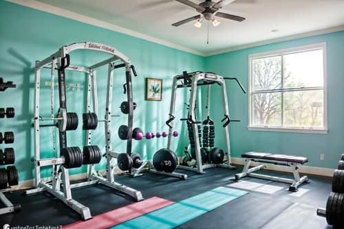 photo from pinterest of easter-style interior designed (fitness gym interior) with dumbbell stand and crosstrainer and squat rack and exercise bicycle and bench press and dumbbell stand. . with spring decorations and light blue colors and easter decorations and flowers on table and colorful easter eggs and spring decorations. . cinematic photo, highly detailed, cinematic lighting, ultra-detailed, ultrarealistic, photorealism, 8k. trending on pinterest. easter interior design style. masterpiece, cinematic light, ultrarealistic+, photorealistic+, 8k, raw photo, realistic, sharp focus on eyes, (symmetrical eyes), (intact eyes), hyperrealistic, highest quality, best quality, , highly detailed, masterpiece, best quality, extremely detailed 8k wallpaper, masterpiece, best quality, ultra-detailed, best shadow, detailed background, detailed face, detailed eyes, high contrast, best illumination, detailed face, dulux, caustic, dynamic angle, detailed glow. dramatic lighting. highly detailed, insanely detailed hair, symmetrical, intricate details, professionally retouched, 8k high definition. strong bokeh. award winning photo.