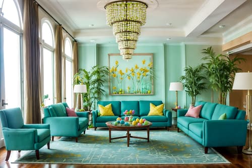 photo from pinterest of easter-style interior designed (hotel lobby interior) with sofas and coffee tables and plant and furniture and rug and hanging lamps and lounge chairs and check in desk. . with colorful easter eggs and spring decorations and light blue colors and easter decorations and flowers on table and colorful easter eggs. . cinematic photo, highly detailed, cinematic lighting, ultra-detailed, ultrarealistic, photorealism, 8k. trending on pinterest. easter interior design style. masterpiece, cinematic light, ultrarealistic+, photorealistic+, 8k, raw photo, realistic, sharp focus on eyes, (symmetrical eyes), (intact eyes), hyperrealistic, highest quality, best quality, , highly detailed, masterpiece, best quality, extremely detailed 8k wallpaper, masterpiece, best quality, ultra-detailed, best shadow, detailed background, detailed face, detailed eyes, high contrast, best illumination, detailed face, dulux, caustic, dynamic angle, detailed glow. dramatic lighting. highly detailed, insanely detailed hair, symmetrical, intricate details, professionally retouched, 8k high definition. strong bokeh. award winning photo.