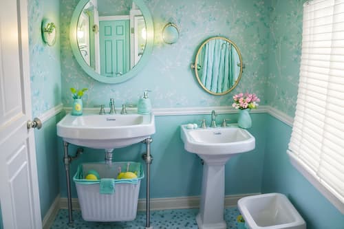 photo from pinterest of easter-style interior designed (bathroom interior) with shower and bathroom sink with faucet and waste basket and bathtub and bath rail and toilet seat and plant and mirror. . with light blue colors and easter decorations and colorful easter eggs and spring decorations and flowers on table and light blue colors. . cinematic photo, highly detailed, cinematic lighting, ultra-detailed, ultrarealistic, photorealism, 8k. trending on pinterest. easter interior design style. masterpiece, cinematic light, ultrarealistic+, photorealistic+, 8k, raw photo, realistic, sharp focus on eyes, (symmetrical eyes), (intact eyes), hyperrealistic, highest quality, best quality, , highly detailed, masterpiece, best quality, extremely detailed 8k wallpaper, masterpiece, best quality, ultra-detailed, best shadow, detailed background, detailed face, detailed eyes, high contrast, best illumination, detailed face, dulux, caustic, dynamic angle, detailed glow. dramatic lighting. highly detailed, insanely detailed hair, symmetrical, intricate details, professionally retouched, 8k high definition. strong bokeh. award winning photo.