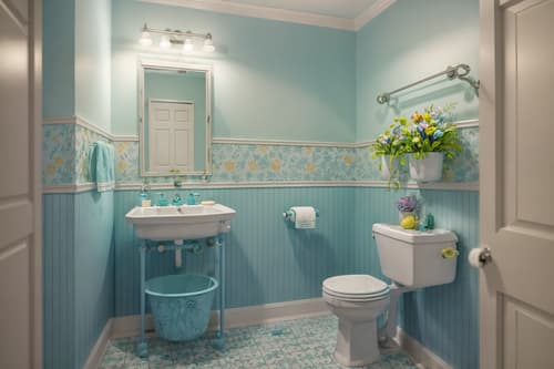 photo from pinterest of easter-style interior designed (bathroom interior) with shower and bathroom sink with faucet and waste basket and bathtub and bath rail and toilet seat and plant and mirror. . with light blue colors and easter decorations and colorful easter eggs and spring decorations and flowers on table and light blue colors. . cinematic photo, highly detailed, cinematic lighting, ultra-detailed, ultrarealistic, photorealism, 8k. trending on pinterest. easter interior design style. masterpiece, cinematic light, ultrarealistic+, photorealistic+, 8k, raw photo, realistic, sharp focus on eyes, (symmetrical eyes), (intact eyes), hyperrealistic, highest quality, best quality, , highly detailed, masterpiece, best quality, extremely detailed 8k wallpaper, masterpiece, best quality, ultra-detailed, best shadow, detailed background, detailed face, detailed eyes, high contrast, best illumination, detailed face, dulux, caustic, dynamic angle, detailed glow. dramatic lighting. highly detailed, insanely detailed hair, symmetrical, intricate details, professionally retouched, 8k high definition. strong bokeh. award winning photo.
