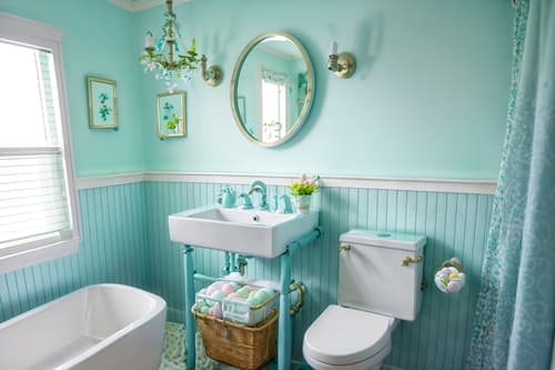 photo from pinterest of easter-style interior designed (bathroom interior) with shower and bathroom sink with faucet and waste basket and bathtub and bath rail and toilet seat and plant and mirror. . with light blue colors and easter decorations and colorful easter eggs and spring decorations and flowers on table and light blue colors. . cinematic photo, highly detailed, cinematic lighting, ultra-detailed, ultrarealistic, photorealism, 8k. trending on pinterest. easter interior design style. masterpiece, cinematic light, ultrarealistic+, photorealistic+, 8k, raw photo, realistic, sharp focus on eyes, (symmetrical eyes), (intact eyes), hyperrealistic, highest quality, best quality, , highly detailed, masterpiece, best quality, extremely detailed 8k wallpaper, masterpiece, best quality, ultra-detailed, best shadow, detailed background, detailed face, detailed eyes, high contrast, best illumination, detailed face, dulux, caustic, dynamic angle, detailed glow. dramatic lighting. highly detailed, insanely detailed hair, symmetrical, intricate details, professionally retouched, 8k high definition. strong bokeh. award winning photo.