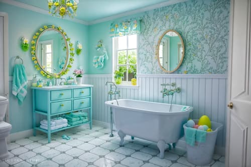 photo from pinterest of easter-style interior designed (bathroom interior) with shower and bathroom sink with faucet and waste basket and bathtub and bath rail and toilet seat and plant and mirror. . with light blue colors and easter decorations and colorful easter eggs and spring decorations and flowers on table and light blue colors. . cinematic photo, highly detailed, cinematic lighting, ultra-detailed, ultrarealistic, photorealism, 8k. trending on pinterest. easter interior design style. masterpiece, cinematic light, ultrarealistic+, photorealistic+, 8k, raw photo, realistic, sharp focus on eyes, (symmetrical eyes), (intact eyes), hyperrealistic, highest quality, best quality, , highly detailed, masterpiece, best quality, extremely detailed 8k wallpaper, masterpiece, best quality, ultra-detailed, best shadow, detailed background, detailed face, detailed eyes, high contrast, best illumination, detailed face, dulux, caustic, dynamic angle, detailed glow. dramatic lighting. highly detailed, insanely detailed hair, symmetrical, intricate details, professionally retouched, 8k high definition. strong bokeh. award winning photo.
