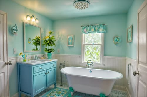 photo from pinterest of easter-style interior designed (bathroom interior) with shower and bathroom sink with faucet and waste basket and bathtub and bath rail and toilet seat and plant and mirror. . with light blue colors and easter decorations and colorful easter eggs and spring decorations and flowers on table and light blue colors. . cinematic photo, highly detailed, cinematic lighting, ultra-detailed, ultrarealistic, photorealism, 8k. trending on pinterest. easter interior design style. masterpiece, cinematic light, ultrarealistic+, photorealistic+, 8k, raw photo, realistic, sharp focus on eyes, (symmetrical eyes), (intact eyes), hyperrealistic, highest quality, best quality, , highly detailed, masterpiece, best quality, extremely detailed 8k wallpaper, masterpiece, best quality, ultra-detailed, best shadow, detailed background, detailed face, detailed eyes, high contrast, best illumination, detailed face, dulux, caustic, dynamic angle, detailed glow. dramatic lighting. highly detailed, insanely detailed hair, symmetrical, intricate details, professionally retouched, 8k high definition. strong bokeh. award winning photo.