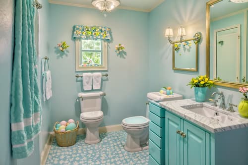 photo from pinterest of easter-style interior designed (bathroom interior) with shower and bathroom sink with faucet and waste basket and bathtub and bath rail and toilet seat and plant and mirror. . with light blue colors and easter decorations and colorful easter eggs and spring decorations and flowers on table and light blue colors. . cinematic photo, highly detailed, cinematic lighting, ultra-detailed, ultrarealistic, photorealism, 8k. trending on pinterest. easter interior design style. masterpiece, cinematic light, ultrarealistic+, photorealistic+, 8k, raw photo, realistic, sharp focus on eyes, (symmetrical eyes), (intact eyes), hyperrealistic, highest quality, best quality, , highly detailed, masterpiece, best quality, extremely detailed 8k wallpaper, masterpiece, best quality, ultra-detailed, best shadow, detailed background, detailed face, detailed eyes, high contrast, best illumination, detailed face, dulux, caustic, dynamic angle, detailed glow. dramatic lighting. highly detailed, insanely detailed hair, symmetrical, intricate details, professionally retouched, 8k high definition. strong bokeh. award winning photo.