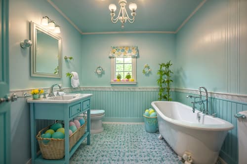 photo from pinterest of easter-style interior designed (bathroom interior) with shower and bathroom sink with faucet and waste basket and bathtub and bath rail and toilet seat and plant and mirror. . with light blue colors and easter decorations and colorful easter eggs and spring decorations and flowers on table and light blue colors. . cinematic photo, highly detailed, cinematic lighting, ultra-detailed, ultrarealistic, photorealism, 8k. trending on pinterest. easter interior design style. masterpiece, cinematic light, ultrarealistic+, photorealistic+, 8k, raw photo, realistic, sharp focus on eyes, (symmetrical eyes), (intact eyes), hyperrealistic, highest quality, best quality, , highly detailed, masterpiece, best quality, extremely detailed 8k wallpaper, masterpiece, best quality, ultra-detailed, best shadow, detailed background, detailed face, detailed eyes, high contrast, best illumination, detailed face, dulux, caustic, dynamic angle, detailed glow. dramatic lighting. highly detailed, insanely detailed hair, symmetrical, intricate details, professionally retouched, 8k high definition. strong bokeh. award winning photo.