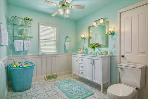 photo from pinterest of easter-style interior designed (bathroom interior) with shower and bathroom sink with faucet and waste basket and bathtub and bath rail and toilet seat and plant and mirror. . with light blue colors and easter decorations and colorful easter eggs and spring decorations and flowers on table and light blue colors. . cinematic photo, highly detailed, cinematic lighting, ultra-detailed, ultrarealistic, photorealism, 8k. trending on pinterest. easter interior design style. masterpiece, cinematic light, ultrarealistic+, photorealistic+, 8k, raw photo, realistic, sharp focus on eyes, (symmetrical eyes), (intact eyes), hyperrealistic, highest quality, best quality, , highly detailed, masterpiece, best quality, extremely detailed 8k wallpaper, masterpiece, best quality, ultra-detailed, best shadow, detailed background, detailed face, detailed eyes, high contrast, best illumination, detailed face, dulux, caustic, dynamic angle, detailed glow. dramatic lighting. highly detailed, insanely detailed hair, symmetrical, intricate details, professionally retouched, 8k high definition. strong bokeh. award winning photo.