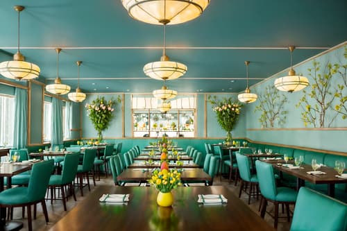 photo from pinterest of easter-style interior designed (restaurant interior) with restaurant decor and restaurant dining tables and restaurant chairs and restaurant bar and restaurant decor. . with spring decorations and light blue colors and flowers on table and colorful easter eggs and easter decorations and spring decorations. . cinematic photo, highly detailed, cinematic lighting, ultra-detailed, ultrarealistic, photorealism, 8k. trending on pinterest. easter interior design style. masterpiece, cinematic light, ultrarealistic+, photorealistic+, 8k, raw photo, realistic, sharp focus on eyes, (symmetrical eyes), (intact eyes), hyperrealistic, highest quality, best quality, , highly detailed, masterpiece, best quality, extremely detailed 8k wallpaper, masterpiece, best quality, ultra-detailed, best shadow, detailed background, detailed face, detailed eyes, high contrast, best illumination, detailed face, dulux, caustic, dynamic angle, detailed glow. dramatic lighting. highly detailed, insanely detailed hair, symmetrical, intricate details, professionally retouched, 8k high definition. strong bokeh. award winning photo.