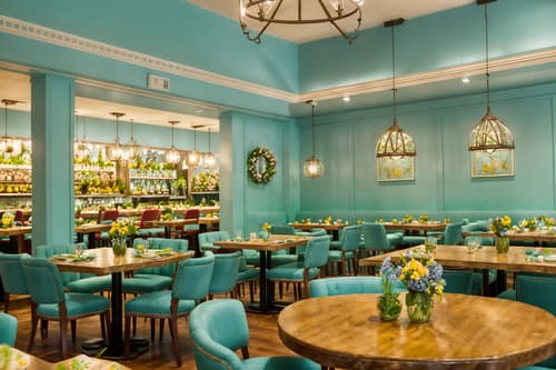 photo from pinterest of easter-style interior designed (restaurant interior) with restaurant decor and restaurant dining tables and restaurant chairs and restaurant bar and restaurant decor. . with spring decorations and light blue colors and flowers on table and colorful easter eggs and easter decorations and spring decorations. . cinematic photo, highly detailed, cinematic lighting, ultra-detailed, ultrarealistic, photorealism, 8k. trending on pinterest. easter interior design style. masterpiece, cinematic light, ultrarealistic+, photorealistic+, 8k, raw photo, realistic, sharp focus on eyes, (symmetrical eyes), (intact eyes), hyperrealistic, highest quality, best quality, , highly detailed, masterpiece, best quality, extremely detailed 8k wallpaper, masterpiece, best quality, ultra-detailed, best shadow, detailed background, detailed face, detailed eyes, high contrast, best illumination, detailed face, dulux, caustic, dynamic angle, detailed glow. dramatic lighting. highly detailed, insanely detailed hair, symmetrical, intricate details, professionally retouched, 8k high definition. strong bokeh. award winning photo.