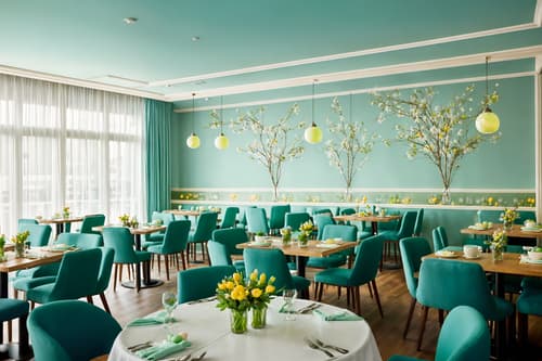 photo from pinterest of easter-style interior designed (restaurant interior) with restaurant decor and restaurant dining tables and restaurant chairs and restaurant bar and restaurant decor. . with spring decorations and light blue colors and flowers on table and colorful easter eggs and easter decorations and spring decorations. . cinematic photo, highly detailed, cinematic lighting, ultra-detailed, ultrarealistic, photorealism, 8k. trending on pinterest. easter interior design style. masterpiece, cinematic light, ultrarealistic+, photorealistic+, 8k, raw photo, realistic, sharp focus on eyes, (symmetrical eyes), (intact eyes), hyperrealistic, highest quality, best quality, , highly detailed, masterpiece, best quality, extremely detailed 8k wallpaper, masterpiece, best quality, ultra-detailed, best shadow, detailed background, detailed face, detailed eyes, high contrast, best illumination, detailed face, dulux, caustic, dynamic angle, detailed glow. dramatic lighting. highly detailed, insanely detailed hair, symmetrical, intricate details, professionally retouched, 8k high definition. strong bokeh. award winning photo.