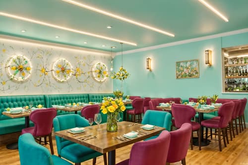 photo from pinterest of easter-style interior designed (restaurant interior) with restaurant decor and restaurant dining tables and restaurant chairs and restaurant bar and restaurant decor. . with spring decorations and light blue colors and flowers on table and colorful easter eggs and easter decorations and spring decorations. . cinematic photo, highly detailed, cinematic lighting, ultra-detailed, ultrarealistic, photorealism, 8k. trending on pinterest. easter interior design style. masterpiece, cinematic light, ultrarealistic+, photorealistic+, 8k, raw photo, realistic, sharp focus on eyes, (symmetrical eyes), (intact eyes), hyperrealistic, highest quality, best quality, , highly detailed, masterpiece, best quality, extremely detailed 8k wallpaper, masterpiece, best quality, ultra-detailed, best shadow, detailed background, detailed face, detailed eyes, high contrast, best illumination, detailed face, dulux, caustic, dynamic angle, detailed glow. dramatic lighting. highly detailed, insanely detailed hair, symmetrical, intricate details, professionally retouched, 8k high definition. strong bokeh. award winning photo.