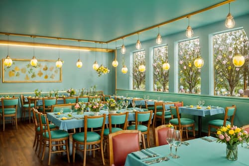 photo from pinterest of easter-style interior designed (restaurant interior) with restaurant decor and restaurant dining tables and restaurant chairs and restaurant bar and restaurant decor. . with spring decorations and light blue colors and flowers on table and colorful easter eggs and easter decorations and spring decorations. . cinematic photo, highly detailed, cinematic lighting, ultra-detailed, ultrarealistic, photorealism, 8k. trending on pinterest. easter interior design style. masterpiece, cinematic light, ultrarealistic+, photorealistic+, 8k, raw photo, realistic, sharp focus on eyes, (symmetrical eyes), (intact eyes), hyperrealistic, highest quality, best quality, , highly detailed, masterpiece, best quality, extremely detailed 8k wallpaper, masterpiece, best quality, ultra-detailed, best shadow, detailed background, detailed face, detailed eyes, high contrast, best illumination, detailed face, dulux, caustic, dynamic angle, detailed glow. dramatic lighting. highly detailed, insanely detailed hair, symmetrical, intricate details, professionally retouched, 8k high definition. strong bokeh. award winning photo.