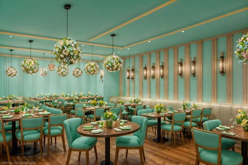 photo from pinterest of easter-style interior designed (restaurant interior) with restaurant decor and restaurant dining tables and restaurant chairs and restaurant bar and restaurant decor. . with spring decorations and light blue colors and flowers on table and colorful easter eggs and easter decorations and spring decorations. . cinematic photo, highly detailed, cinematic lighting, ultra-detailed, ultrarealistic, photorealism, 8k. trending on pinterest. easter interior design style. masterpiece, cinematic light, ultrarealistic+, photorealistic+, 8k, raw photo, realistic, sharp focus on eyes, (symmetrical eyes), (intact eyes), hyperrealistic, highest quality, best quality, , highly detailed, masterpiece, best quality, extremely detailed 8k wallpaper, masterpiece, best quality, ultra-detailed, best shadow, detailed background, detailed face, detailed eyes, high contrast, best illumination, detailed face, dulux, caustic, dynamic angle, detailed glow. dramatic lighting. highly detailed, insanely detailed hair, symmetrical, intricate details, professionally retouched, 8k high definition. strong bokeh. award winning photo.