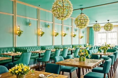 photo from pinterest of easter-style interior designed (restaurant interior) with restaurant decor and restaurant dining tables and restaurant chairs and restaurant bar and restaurant decor. . with spring decorations and light blue colors and flowers on table and colorful easter eggs and easter decorations and spring decorations. . cinematic photo, highly detailed, cinematic lighting, ultra-detailed, ultrarealistic, photorealism, 8k. trending on pinterest. easter interior design style. masterpiece, cinematic light, ultrarealistic+, photorealistic+, 8k, raw photo, realistic, sharp focus on eyes, (symmetrical eyes), (intact eyes), hyperrealistic, highest quality, best quality, , highly detailed, masterpiece, best quality, extremely detailed 8k wallpaper, masterpiece, best quality, ultra-detailed, best shadow, detailed background, detailed face, detailed eyes, high contrast, best illumination, detailed face, dulux, caustic, dynamic angle, detailed glow. dramatic lighting. highly detailed, insanely detailed hair, symmetrical, intricate details, professionally retouched, 8k high definition. strong bokeh. award winning photo.