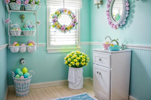 photo from pinterest of easter-style interior designed (toilet interior) with sink with tap and toilet paper hanger and toilet with toilet seat up and sink with tap. . with flowers on table and colorful easter eggs and light blue colors and easter decorations and spring decorations and flowers on table. . cinematic photo, highly detailed, cinematic lighting, ultra-detailed, ultrarealistic, photorealism, 8k. trending on pinterest. easter interior design style. masterpiece, cinematic light, ultrarealistic+, photorealistic+, 8k, raw photo, realistic, sharp focus on eyes, (symmetrical eyes), (intact eyes), hyperrealistic, highest quality, best quality, , highly detailed, masterpiece, best quality, extremely detailed 8k wallpaper, masterpiece, best quality, ultra-detailed, best shadow, detailed background, detailed face, detailed eyes, high contrast, best illumination, detailed face, dulux, caustic, dynamic angle, detailed glow. dramatic lighting. highly detailed, insanely detailed hair, symmetrical, intricate details, professionally retouched, 8k high definition. strong bokeh. award winning photo.