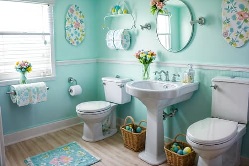 photo from pinterest of easter-style interior designed (toilet interior) with sink with tap and toilet paper hanger and toilet with toilet seat up and sink with tap. . with flowers on table and colorful easter eggs and light blue colors and easter decorations and spring decorations and flowers on table. . cinematic photo, highly detailed, cinematic lighting, ultra-detailed, ultrarealistic, photorealism, 8k. trending on pinterest. easter interior design style. masterpiece, cinematic light, ultrarealistic+, photorealistic+, 8k, raw photo, realistic, sharp focus on eyes, (symmetrical eyes), (intact eyes), hyperrealistic, highest quality, best quality, , highly detailed, masterpiece, best quality, extremely detailed 8k wallpaper, masterpiece, best quality, ultra-detailed, best shadow, detailed background, detailed face, detailed eyes, high contrast, best illumination, detailed face, dulux, caustic, dynamic angle, detailed glow. dramatic lighting. highly detailed, insanely detailed hair, symmetrical, intricate details, professionally retouched, 8k high definition. strong bokeh. award winning photo.