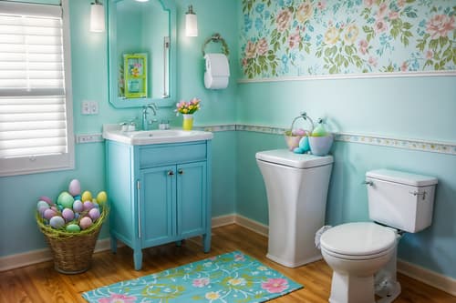 photo from pinterest of easter-style interior designed (toilet interior) with sink with tap and toilet paper hanger and toilet with toilet seat up and sink with tap. . with flowers on table and colorful easter eggs and light blue colors and easter decorations and spring decorations and flowers on table. . cinematic photo, highly detailed, cinematic lighting, ultra-detailed, ultrarealistic, photorealism, 8k. trending on pinterest. easter interior design style. masterpiece, cinematic light, ultrarealistic+, photorealistic+, 8k, raw photo, realistic, sharp focus on eyes, (symmetrical eyes), (intact eyes), hyperrealistic, highest quality, best quality, , highly detailed, masterpiece, best quality, extremely detailed 8k wallpaper, masterpiece, best quality, ultra-detailed, best shadow, detailed background, detailed face, detailed eyes, high contrast, best illumination, detailed face, dulux, caustic, dynamic angle, detailed glow. dramatic lighting. highly detailed, insanely detailed hair, symmetrical, intricate details, professionally retouched, 8k high definition. strong bokeh. award winning photo.