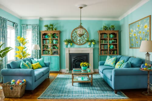 photo from pinterest of easter-style interior designed (living room interior) with rug and electric lamps and sofa and furniture and bookshelves and televisions and chairs and plant. . with light blue colors and flowers on table and spring decorations and easter decorations and colorful easter eggs and light blue colors. . cinematic photo, highly detailed, cinematic lighting, ultra-detailed, ultrarealistic, photorealism, 8k. trending on pinterest. easter interior design style. masterpiece, cinematic light, ultrarealistic+, photorealistic+, 8k, raw photo, realistic, sharp focus on eyes, (symmetrical eyes), (intact eyes), hyperrealistic, highest quality, best quality, , highly detailed, masterpiece, best quality, extremely detailed 8k wallpaper, masterpiece, best quality, ultra-detailed, best shadow, detailed background, detailed face, detailed eyes, high contrast, best illumination, detailed face, dulux, caustic, dynamic angle, detailed glow. dramatic lighting. highly detailed, insanely detailed hair, symmetrical, intricate details, professionally retouched, 8k high definition. strong bokeh. award winning photo.