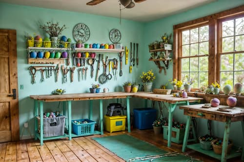 photo from pinterest of easter-style interior designed (workshop interior) with wooden workbench and messy and tool wall and wooden workbench. . with easter decorations and spring decorations and flowers on table and colorful easter eggs and light blue colors and easter decorations. . cinematic photo, highly detailed, cinematic lighting, ultra-detailed, ultrarealistic, photorealism, 8k. trending on pinterest. easter interior design style. masterpiece, cinematic light, ultrarealistic+, photorealistic+, 8k, raw photo, realistic, sharp focus on eyes, (symmetrical eyes), (intact eyes), hyperrealistic, highest quality, best quality, , highly detailed, masterpiece, best quality, extremely detailed 8k wallpaper, masterpiece, best quality, ultra-detailed, best shadow, detailed background, detailed face, detailed eyes, high contrast, best illumination, detailed face, dulux, caustic, dynamic angle, detailed glow. dramatic lighting. highly detailed, insanely detailed hair, symmetrical, intricate details, professionally retouched, 8k high definition. strong bokeh. award winning photo.