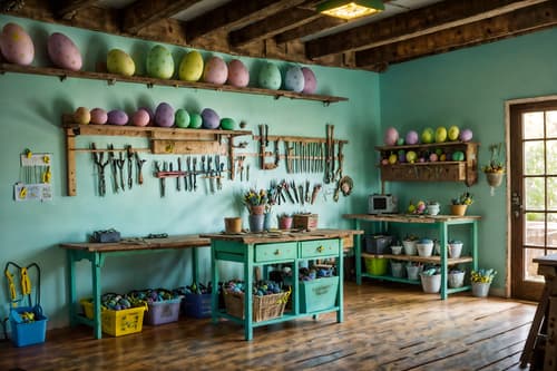 photo from pinterest of easter-style interior designed (workshop interior) with wooden workbench and messy and tool wall and wooden workbench. . with easter decorations and spring decorations and flowers on table and colorful easter eggs and light blue colors and easter decorations. . cinematic photo, highly detailed, cinematic lighting, ultra-detailed, ultrarealistic, photorealism, 8k. trending on pinterest. easter interior design style. masterpiece, cinematic light, ultrarealistic+, photorealistic+, 8k, raw photo, realistic, sharp focus on eyes, (symmetrical eyes), (intact eyes), hyperrealistic, highest quality, best quality, , highly detailed, masterpiece, best quality, extremely detailed 8k wallpaper, masterpiece, best quality, ultra-detailed, best shadow, detailed background, detailed face, detailed eyes, high contrast, best illumination, detailed face, dulux, caustic, dynamic angle, detailed glow. dramatic lighting. highly detailed, insanely detailed hair, symmetrical, intricate details, professionally retouched, 8k high definition. strong bokeh. award winning photo.