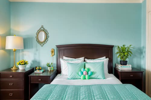 photo from pinterest of easter-style interior designed (hotel room interior) with hotel bathroom and dresser closet and bedside table or night stand and headboard and storage bench or ottoman and night light and working desk with desk chair and plant. . with easter decorations and light blue colors and colorful easter eggs and flowers on table and spring decorations and easter decorations. . cinematic photo, highly detailed, cinematic lighting, ultra-detailed, ultrarealistic, photorealism, 8k. trending on pinterest. easter interior design style. masterpiece, cinematic light, ultrarealistic+, photorealistic+, 8k, raw photo, realistic, sharp focus on eyes, (symmetrical eyes), (intact eyes), hyperrealistic, highest quality, best quality, , highly detailed, masterpiece, best quality, extremely detailed 8k wallpaper, masterpiece, best quality, ultra-detailed, best shadow, detailed background, detailed face, detailed eyes, high contrast, best illumination, detailed face, dulux, caustic, dynamic angle, detailed glow. dramatic lighting. highly detailed, insanely detailed hair, symmetrical, intricate details, professionally retouched, 8k high definition. strong bokeh. award winning photo.