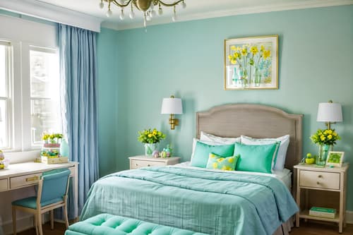photo from pinterest of easter-style interior designed (hotel room interior) with hotel bathroom and dresser closet and bedside table or night stand and headboard and storage bench or ottoman and night light and working desk with desk chair and plant. . with easter decorations and light blue colors and colorful easter eggs and flowers on table and spring decorations and easter decorations. . cinematic photo, highly detailed, cinematic lighting, ultra-detailed, ultrarealistic, photorealism, 8k. trending on pinterest. easter interior design style. masterpiece, cinematic light, ultrarealistic+, photorealistic+, 8k, raw photo, realistic, sharp focus on eyes, (symmetrical eyes), (intact eyes), hyperrealistic, highest quality, best quality, , highly detailed, masterpiece, best quality, extremely detailed 8k wallpaper, masterpiece, best quality, ultra-detailed, best shadow, detailed background, detailed face, detailed eyes, high contrast, best illumination, detailed face, dulux, caustic, dynamic angle, detailed glow. dramatic lighting. highly detailed, insanely detailed hair, symmetrical, intricate details, professionally retouched, 8k high definition. strong bokeh. award winning photo.