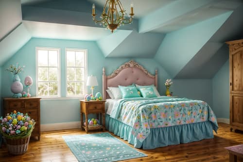 photo from pinterest of easter-style interior designed (attic interior) . with spring decorations and easter decorations and light blue colors and flowers on table and colorful easter eggs and spring decorations. . cinematic photo, highly detailed, cinematic lighting, ultra-detailed, ultrarealistic, photorealism, 8k. trending on pinterest. easter interior design style. masterpiece, cinematic light, ultrarealistic+, photorealistic+, 8k, raw photo, realistic, sharp focus on eyes, (symmetrical eyes), (intact eyes), hyperrealistic, highest quality, best quality, , highly detailed, masterpiece, best quality, extremely detailed 8k wallpaper, masterpiece, best quality, ultra-detailed, best shadow, detailed background, detailed face, detailed eyes, high contrast, best illumination, detailed face, dulux, caustic, dynamic angle, detailed glow. dramatic lighting. highly detailed, insanely detailed hair, symmetrical, intricate details, professionally retouched, 8k high definition. strong bokeh. award winning photo.