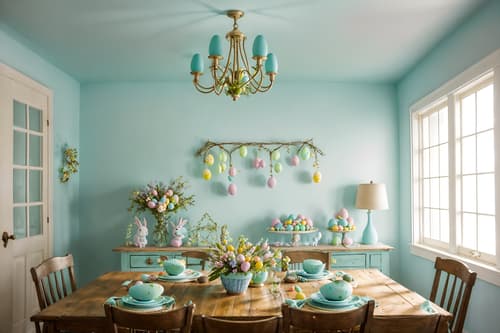 photo from pinterest of easter-style interior designed (attic interior) . with spring decorations and easter decorations and light blue colors and flowers on table and colorful easter eggs and spring decorations. . cinematic photo, highly detailed, cinematic lighting, ultra-detailed, ultrarealistic, photorealism, 8k. trending on pinterest. easter interior design style. masterpiece, cinematic light, ultrarealistic+, photorealistic+, 8k, raw photo, realistic, sharp focus on eyes, (symmetrical eyes), (intact eyes), hyperrealistic, highest quality, best quality, , highly detailed, masterpiece, best quality, extremely detailed 8k wallpaper, masterpiece, best quality, ultra-detailed, best shadow, detailed background, detailed face, detailed eyes, high contrast, best illumination, detailed face, dulux, caustic, dynamic angle, detailed glow. dramatic lighting. highly detailed, insanely detailed hair, symmetrical, intricate details, professionally retouched, 8k high definition. strong bokeh. award winning photo.