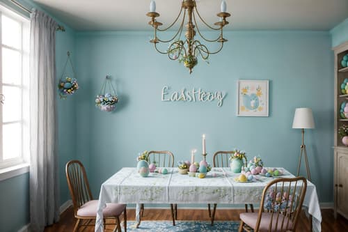 photo from pinterest of easter-style interior designed (attic interior) . with spring decorations and easter decorations and light blue colors and flowers on table and colorful easter eggs and spring decorations. . cinematic photo, highly detailed, cinematic lighting, ultra-detailed, ultrarealistic, photorealism, 8k. trending on pinterest. easter interior design style. masterpiece, cinematic light, ultrarealistic+, photorealistic+, 8k, raw photo, realistic, sharp focus on eyes, (symmetrical eyes), (intact eyes), hyperrealistic, highest quality, best quality, , highly detailed, masterpiece, best quality, extremely detailed 8k wallpaper, masterpiece, best quality, ultra-detailed, best shadow, detailed background, detailed face, detailed eyes, high contrast, best illumination, detailed face, dulux, caustic, dynamic angle, detailed glow. dramatic lighting. highly detailed, insanely detailed hair, symmetrical, intricate details, professionally retouched, 8k high definition. strong bokeh. award winning photo.