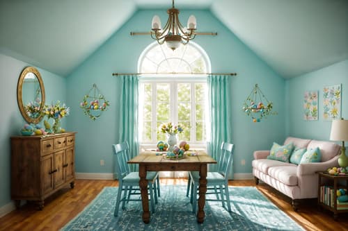 photo from pinterest of easter-style interior designed (attic interior) . with spring decorations and easter decorations and light blue colors and flowers on table and colorful easter eggs and spring decorations. . cinematic photo, highly detailed, cinematic lighting, ultra-detailed, ultrarealistic, photorealism, 8k. trending on pinterest. easter interior design style. masterpiece, cinematic light, ultrarealistic+, photorealistic+, 8k, raw photo, realistic, sharp focus on eyes, (symmetrical eyes), (intact eyes), hyperrealistic, highest quality, best quality, , highly detailed, masterpiece, best quality, extremely detailed 8k wallpaper, masterpiece, best quality, ultra-detailed, best shadow, detailed background, detailed face, detailed eyes, high contrast, best illumination, detailed face, dulux, caustic, dynamic angle, detailed glow. dramatic lighting. highly detailed, insanely detailed hair, symmetrical, intricate details, professionally retouched, 8k high definition. strong bokeh. award winning photo.