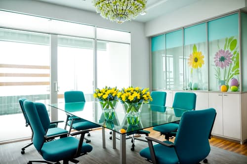 photo from pinterest of easter-style interior designed (meeting room interior) with cabinets and boardroom table and painting or photo on wall and office chairs and vase and plant and glass walls and glass doors. . with spring decorations and flowers on table and colorful easter eggs and easter decorations and light blue colors and spring decorations. . cinematic photo, highly detailed, cinematic lighting, ultra-detailed, ultrarealistic, photorealism, 8k. trending on pinterest. easter interior design style. masterpiece, cinematic light, ultrarealistic+, photorealistic+, 8k, raw photo, realistic, sharp focus on eyes, (symmetrical eyes), (intact eyes), hyperrealistic, highest quality, best quality, , highly detailed, masterpiece, best quality, extremely detailed 8k wallpaper, masterpiece, best quality, ultra-detailed, best shadow, detailed background, detailed face, detailed eyes, high contrast, best illumination, detailed face, dulux, caustic, dynamic angle, detailed glow. dramatic lighting. highly detailed, insanely detailed hair, symmetrical, intricate details, professionally retouched, 8k high definition. strong bokeh. award winning photo.