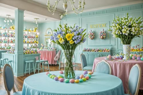 photo from pinterest of easter-style interior designed (clothing store interior) . with flowers on table and light blue colors and spring decorations and colorful easter eggs and easter decorations and flowers on table. . cinematic photo, highly detailed, cinematic lighting, ultra-detailed, ultrarealistic, photorealism, 8k. trending on pinterest. easter interior design style. masterpiece, cinematic light, ultrarealistic+, photorealistic+, 8k, raw photo, realistic, sharp focus on eyes, (symmetrical eyes), (intact eyes), hyperrealistic, highest quality, best quality, , highly detailed, masterpiece, best quality, extremely detailed 8k wallpaper, masterpiece, best quality, ultra-detailed, best shadow, detailed background, detailed face, detailed eyes, high contrast, best illumination, detailed face, dulux, caustic, dynamic angle, detailed glow. dramatic lighting. highly detailed, insanely detailed hair, symmetrical, intricate details, professionally retouched, 8k high definition. strong bokeh. award winning photo.