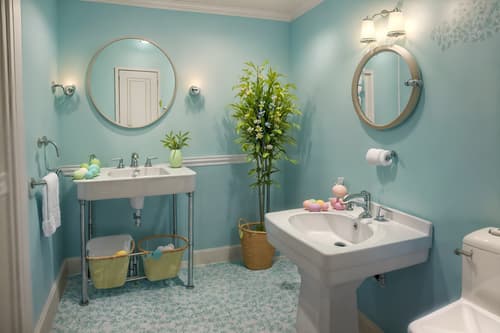 photo from pinterest of easter-style interior designed (hotel bathroom interior) with toilet seat and bathroom sink with faucet and bathtub and waste basket and bathroom cabinet and plant and bath rail and shower. . with light blue colors and spring decorations and flowers on table and colorful easter eggs and easter decorations and light blue colors. . cinematic photo, highly detailed, cinematic lighting, ultra-detailed, ultrarealistic, photorealism, 8k. trending on pinterest. easter interior design style. masterpiece, cinematic light, ultrarealistic+, photorealistic+, 8k, raw photo, realistic, sharp focus on eyes, (symmetrical eyes), (intact eyes), hyperrealistic, highest quality, best quality, , highly detailed, masterpiece, best quality, extremely detailed 8k wallpaper, masterpiece, best quality, ultra-detailed, best shadow, detailed background, detailed face, detailed eyes, high contrast, best illumination, detailed face, dulux, caustic, dynamic angle, detailed glow. dramatic lighting. highly detailed, insanely detailed hair, symmetrical, intricate details, professionally retouched, 8k high definition. strong bokeh. award winning photo.