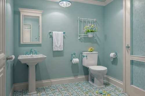 photo from pinterest of easter-style interior designed (hotel bathroom interior) with toilet seat and bathroom sink with faucet and bathtub and waste basket and bathroom cabinet and plant and bath rail and shower. . with light blue colors and spring decorations and flowers on table and colorful easter eggs and easter decorations and light blue colors. . cinematic photo, highly detailed, cinematic lighting, ultra-detailed, ultrarealistic, photorealism, 8k. trending on pinterest. easter interior design style. masterpiece, cinematic light, ultrarealistic+, photorealistic+, 8k, raw photo, realistic, sharp focus on eyes, (symmetrical eyes), (intact eyes), hyperrealistic, highest quality, best quality, , highly detailed, masterpiece, best quality, extremely detailed 8k wallpaper, masterpiece, best quality, ultra-detailed, best shadow, detailed background, detailed face, detailed eyes, high contrast, best illumination, detailed face, dulux, caustic, dynamic angle, detailed glow. dramatic lighting. highly detailed, insanely detailed hair, symmetrical, intricate details, professionally retouched, 8k high definition. strong bokeh. award winning photo.