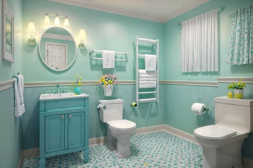 photo from pinterest of easter-style interior designed (hotel bathroom interior) with toilet seat and bathroom sink with faucet and bathtub and waste basket and bathroom cabinet and plant and bath rail and shower. . with light blue colors and spring decorations and flowers on table and colorful easter eggs and easter decorations and light blue colors. . cinematic photo, highly detailed, cinematic lighting, ultra-detailed, ultrarealistic, photorealism, 8k. trending on pinterest. easter interior design style. masterpiece, cinematic light, ultrarealistic+, photorealistic+, 8k, raw photo, realistic, sharp focus on eyes, (symmetrical eyes), (intact eyes), hyperrealistic, highest quality, best quality, , highly detailed, masterpiece, best quality, extremely detailed 8k wallpaper, masterpiece, best quality, ultra-detailed, best shadow, detailed background, detailed face, detailed eyes, high contrast, best illumination, detailed face, dulux, caustic, dynamic angle, detailed glow. dramatic lighting. highly detailed, insanely detailed hair, symmetrical, intricate details, professionally retouched, 8k high definition. strong bokeh. award winning photo.