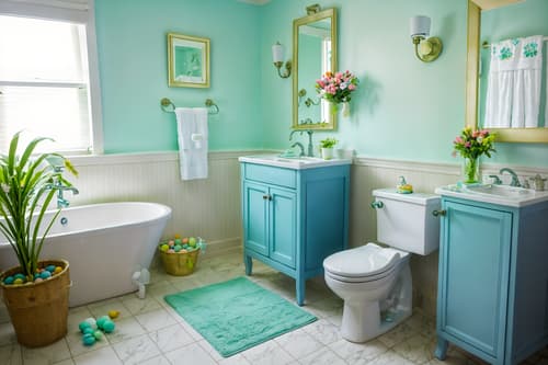 photo from pinterest of easter-style interior designed (hotel bathroom interior) with toilet seat and bathroom sink with faucet and bathtub and waste basket and bathroom cabinet and plant and bath rail and shower. . with light blue colors and spring decorations and flowers on table and colorful easter eggs and easter decorations and light blue colors. . cinematic photo, highly detailed, cinematic lighting, ultra-detailed, ultrarealistic, photorealism, 8k. trending on pinterest. easter interior design style. masterpiece, cinematic light, ultrarealistic+, photorealistic+, 8k, raw photo, realistic, sharp focus on eyes, (symmetrical eyes), (intact eyes), hyperrealistic, highest quality, best quality, , highly detailed, masterpiece, best quality, extremely detailed 8k wallpaper, masterpiece, best quality, ultra-detailed, best shadow, detailed background, detailed face, detailed eyes, high contrast, best illumination, detailed face, dulux, caustic, dynamic angle, detailed glow. dramatic lighting. highly detailed, insanely detailed hair, symmetrical, intricate details, professionally retouched, 8k high definition. strong bokeh. award winning photo.