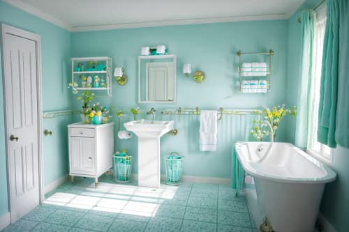 photo from pinterest of easter-style interior designed (hotel bathroom interior) with toilet seat and bathroom sink with faucet and bathtub and waste basket and bathroom cabinet and plant and bath rail and shower. . with light blue colors and spring decorations and flowers on table and colorful easter eggs and easter decorations and light blue colors. . cinematic photo, highly detailed, cinematic lighting, ultra-detailed, ultrarealistic, photorealism, 8k. trending on pinterest. easter interior design style. masterpiece, cinematic light, ultrarealistic+, photorealistic+, 8k, raw photo, realistic, sharp focus on eyes, (symmetrical eyes), (intact eyes), hyperrealistic, highest quality, best quality, , highly detailed, masterpiece, best quality, extremely detailed 8k wallpaper, masterpiece, best quality, ultra-detailed, best shadow, detailed background, detailed face, detailed eyes, high contrast, best illumination, detailed face, dulux, caustic, dynamic angle, detailed glow. dramatic lighting. highly detailed, insanely detailed hair, symmetrical, intricate details, professionally retouched, 8k high definition. strong bokeh. award winning photo.