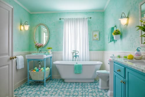 photo from pinterest of easter-style interior designed (hotel bathroom interior) with toilet seat and bathroom sink with faucet and bathtub and waste basket and bathroom cabinet and plant and bath rail and shower. . with light blue colors and spring decorations and flowers on table and colorful easter eggs and easter decorations and light blue colors. . cinematic photo, highly detailed, cinematic lighting, ultra-detailed, ultrarealistic, photorealism, 8k. trending on pinterest. easter interior design style. masterpiece, cinematic light, ultrarealistic+, photorealistic+, 8k, raw photo, realistic, sharp focus on eyes, (symmetrical eyes), (intact eyes), hyperrealistic, highest quality, best quality, , highly detailed, masterpiece, best quality, extremely detailed 8k wallpaper, masterpiece, best quality, ultra-detailed, best shadow, detailed background, detailed face, detailed eyes, high contrast, best illumination, detailed face, dulux, caustic, dynamic angle, detailed glow. dramatic lighting. highly detailed, insanely detailed hair, symmetrical, intricate details, professionally retouched, 8k high definition. strong bokeh. award winning photo.