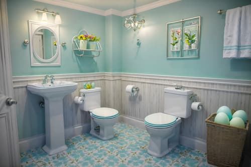 photo from pinterest of easter-style interior designed (hotel bathroom interior) with toilet seat and bathroom sink with faucet and bathtub and waste basket and bathroom cabinet and plant and bath rail and shower. . with light blue colors and spring decorations and flowers on table and colorful easter eggs and easter decorations and light blue colors. . cinematic photo, highly detailed, cinematic lighting, ultra-detailed, ultrarealistic, photorealism, 8k. trending on pinterest. easter interior design style. masterpiece, cinematic light, ultrarealistic+, photorealistic+, 8k, raw photo, realistic, sharp focus on eyes, (symmetrical eyes), (intact eyes), hyperrealistic, highest quality, best quality, , highly detailed, masterpiece, best quality, extremely detailed 8k wallpaper, masterpiece, best quality, ultra-detailed, best shadow, detailed background, detailed face, detailed eyes, high contrast, best illumination, detailed face, dulux, caustic, dynamic angle, detailed glow. dramatic lighting. highly detailed, insanely detailed hair, symmetrical, intricate details, professionally retouched, 8k high definition. strong bokeh. award winning photo.